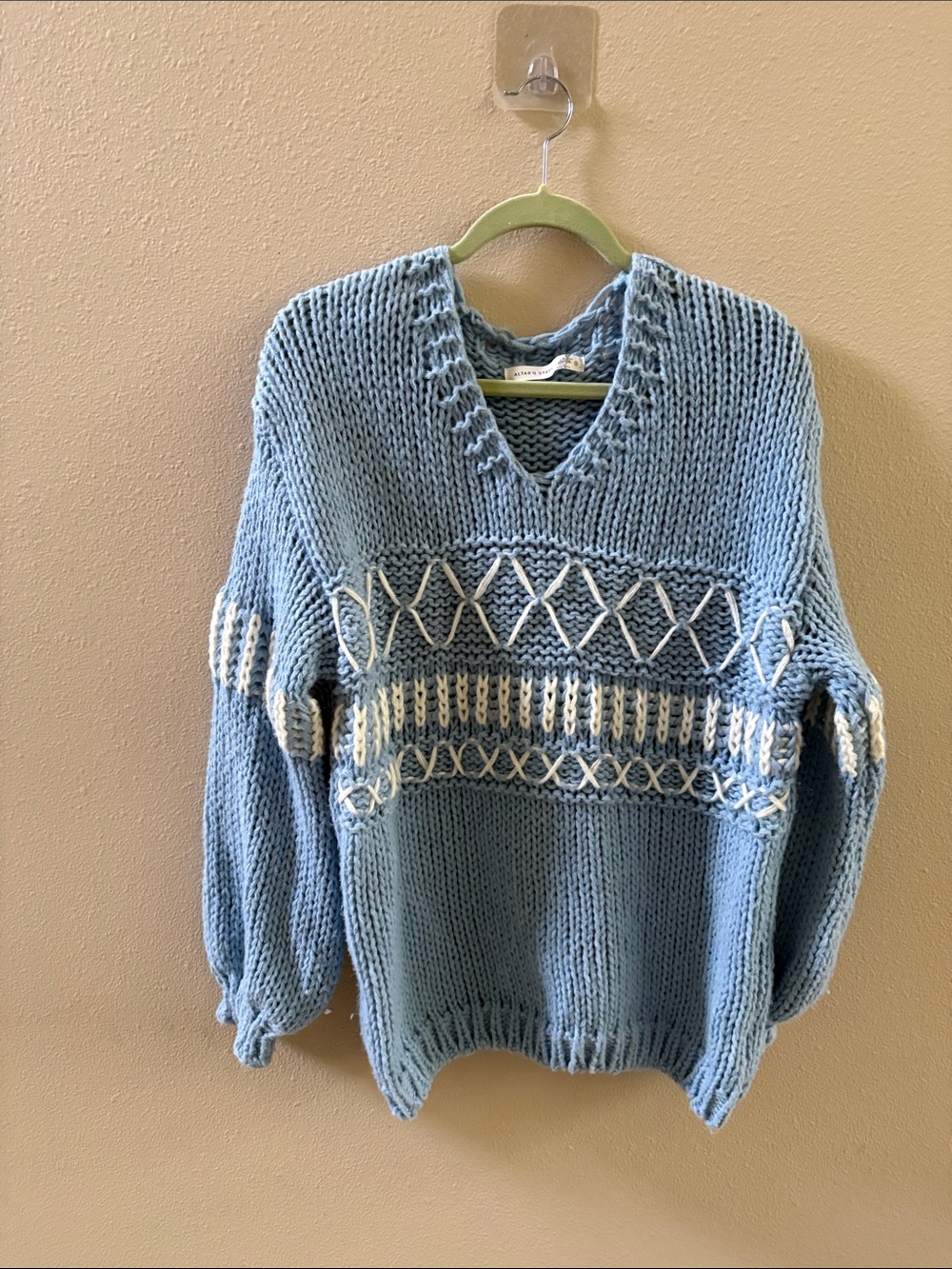 Altar'd State Light Blue V-Neck Knit Sweater with Ivory Stitching